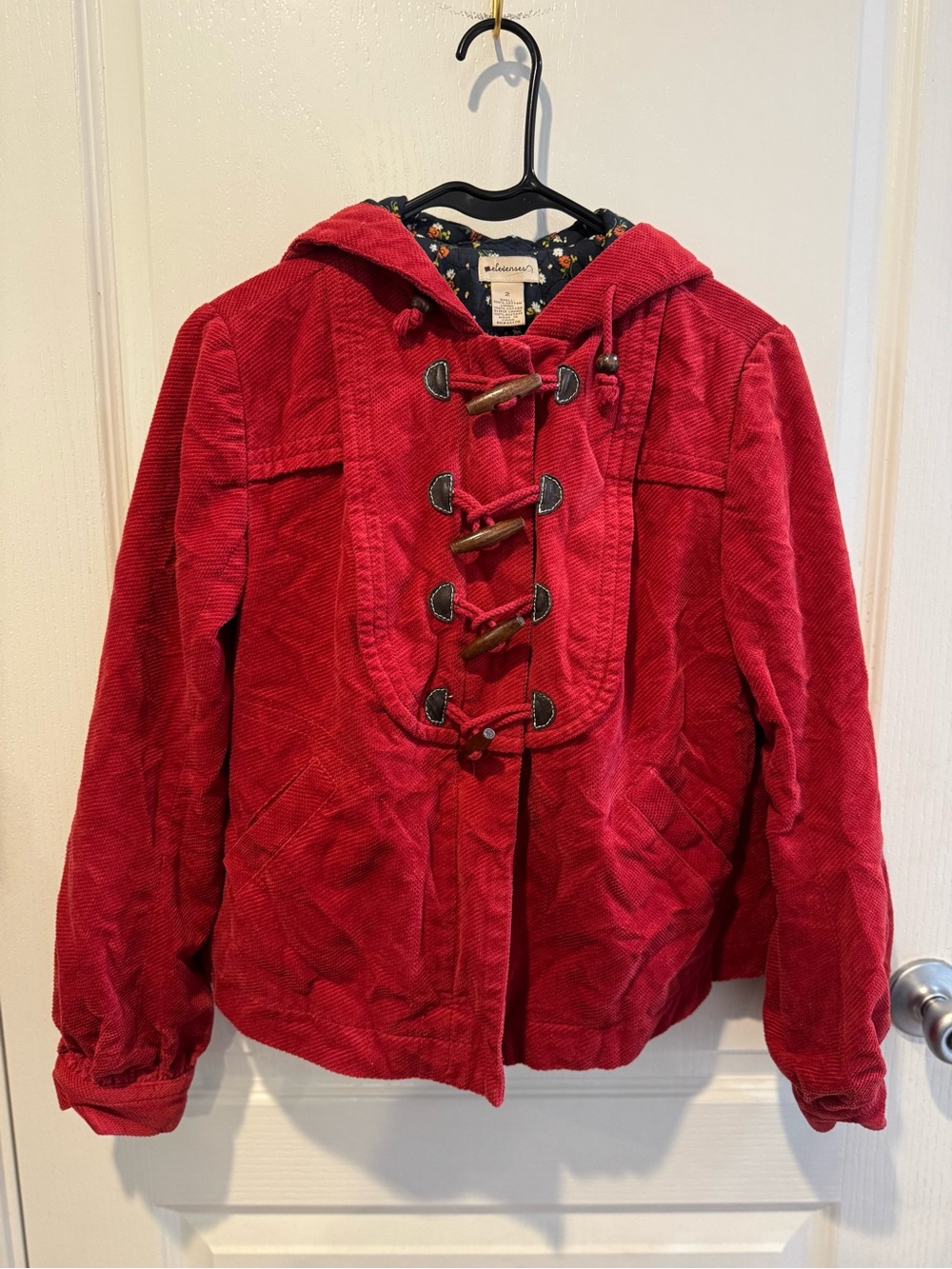 elevenses Anthropologie Red Corduroy Hooded Toggle Pea Coat